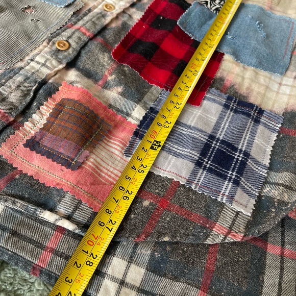 Upcycled Bleached Plaid Flannel with Red Denim Patchwork Animal Prints - Picture 7 of 8
